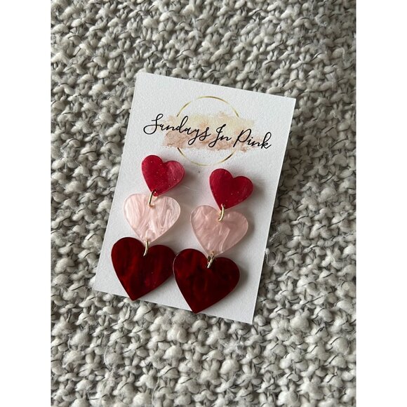 HEART Pink Red Love Valentine Tiered Drop Earrings NEW - Picture 1 of 3